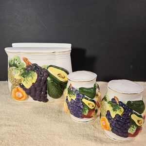 Vintage KMC Napkin Holder Salt And Pepper Shaker 3 D Fruit Motif Gold Trim